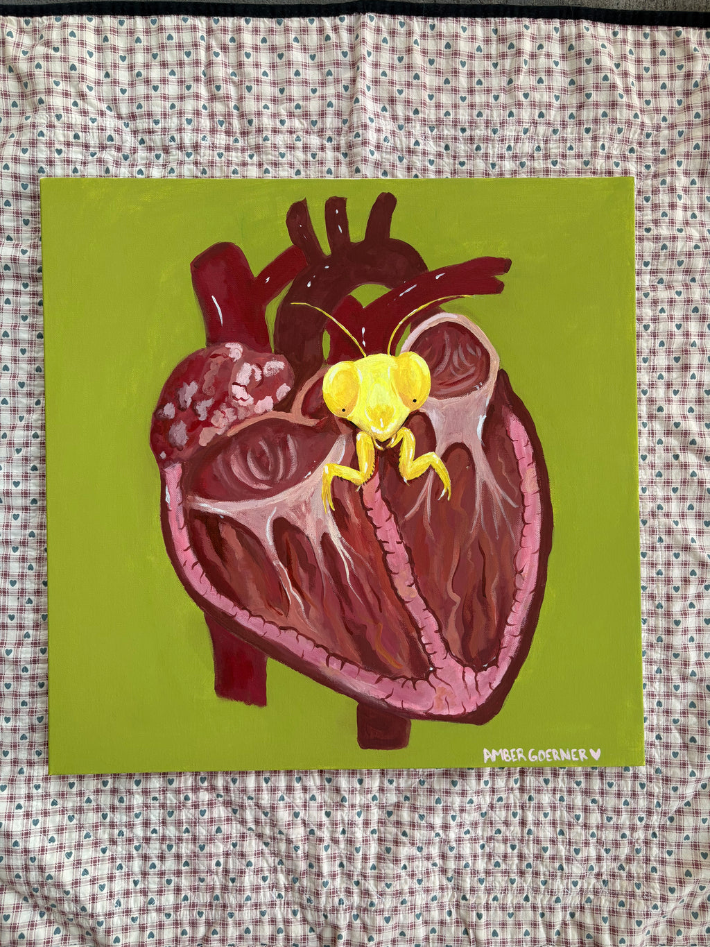 Original Painting, wall decor, praying mantis heart painting, animal art, anatomy art