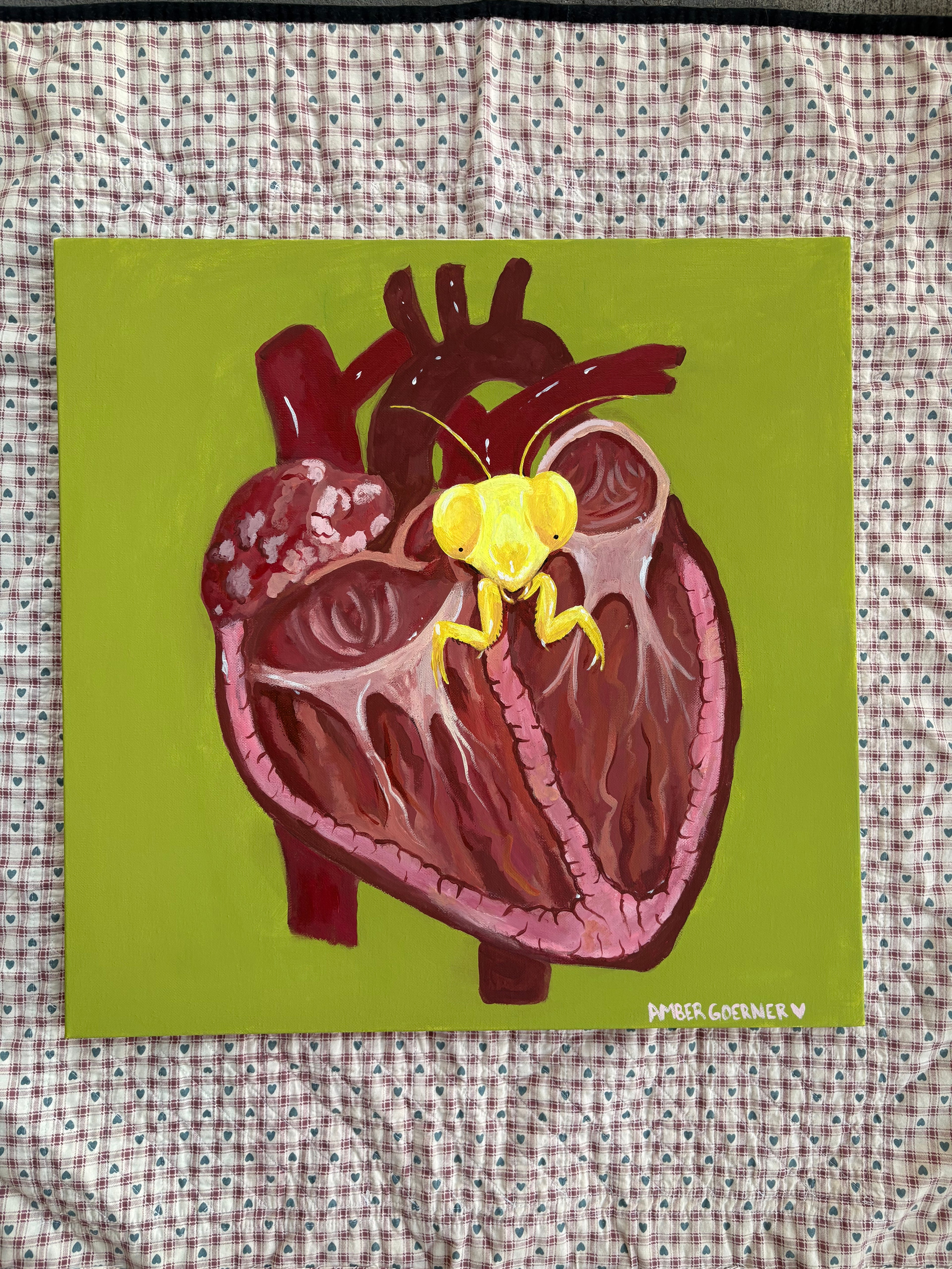 Original Painting, wall decor, praying mantis heart painting, animal art, anatomy art